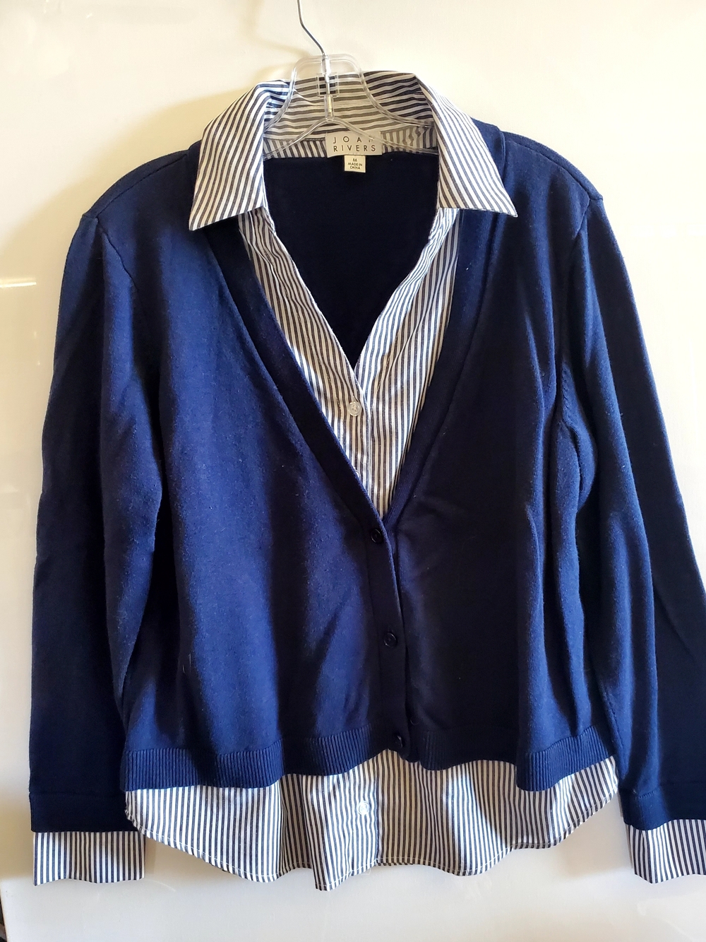 Joan Rivers Navy Layered  Cardigan Blouse W/Stripes Womens Medium